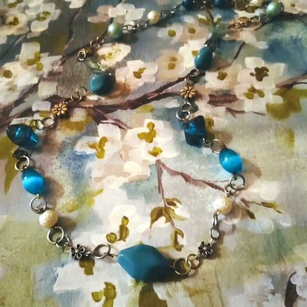 One of a kind handmade turquoise blue necklace with silver chain